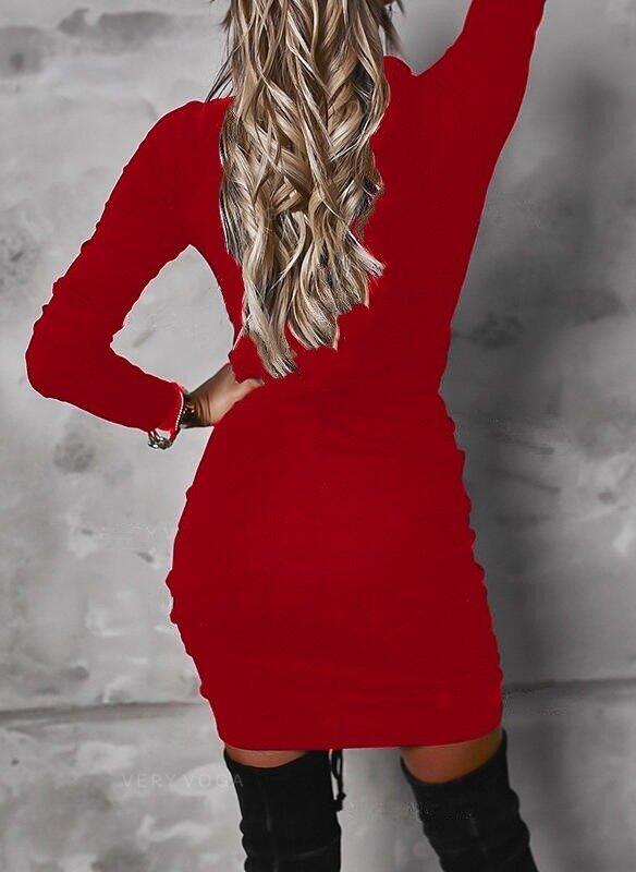 Kadın Uzun Kollu V Yaka önden Yırtmaç Büzgü Detay Kaşkorse Mini Boy Elbise - 3