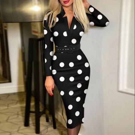 Kadın Uzun Kollu V Yaka Puantiyeli Krep Midi Boy Elbise - ANGELINO BuyukBedeniz (1)