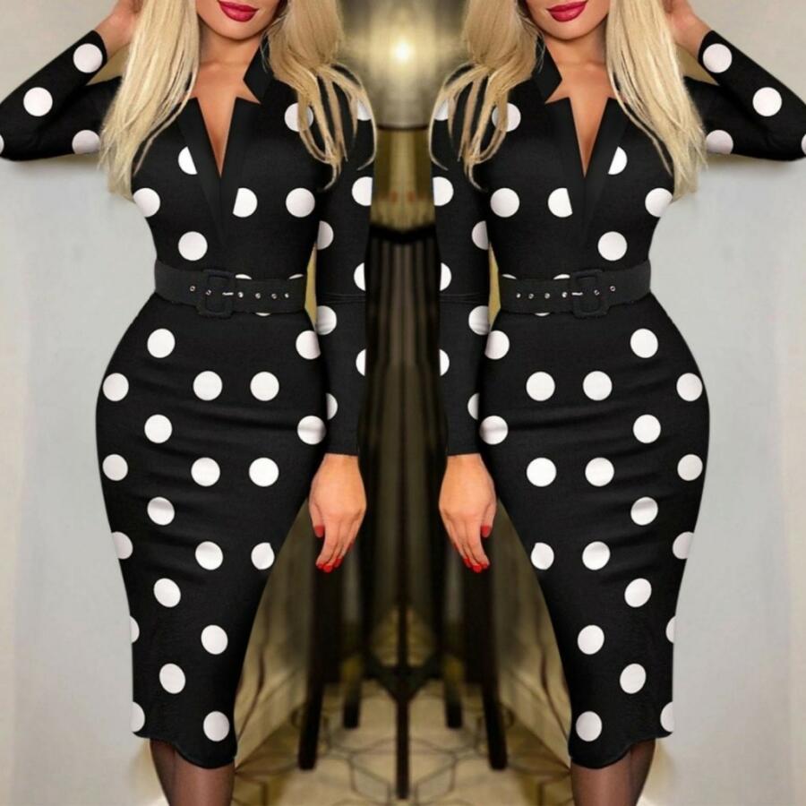 Kadın Uzun Kollu V Yaka Puantiyeli Krep Midi Boy Elbise - 3