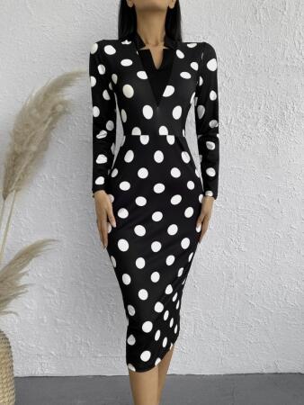 Kadın Uzun Kollu V Yaka Puantiyeli Krep Midi Boy Elbise - 4