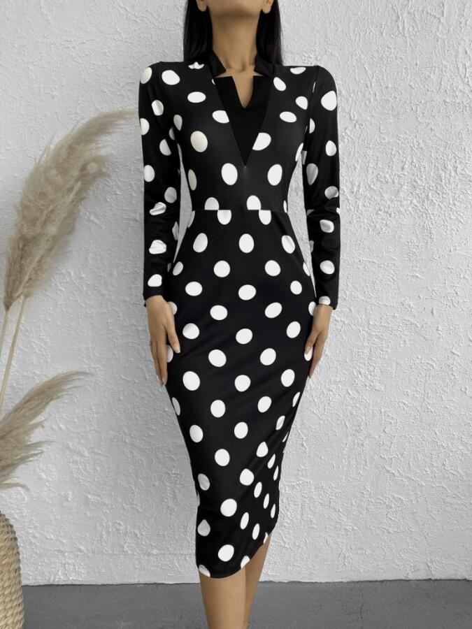 Kadın Uzun Kollu V Yaka Puantiyeli Krep Midi Boy Elbise - 4