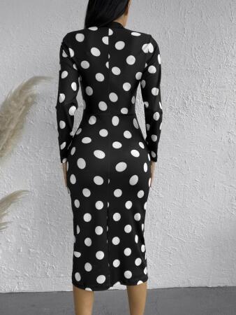 Kadın Uzun Kollu V Yaka Puantiyeli Krep Midi Boy Elbise - 5