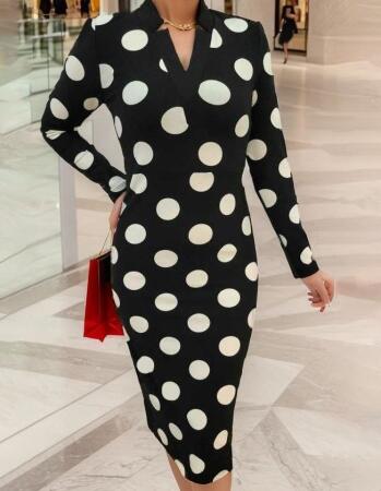 Kadın Uzun Kollu V Yaka Puantiyeli Krep Midi Boy Elbise - 7