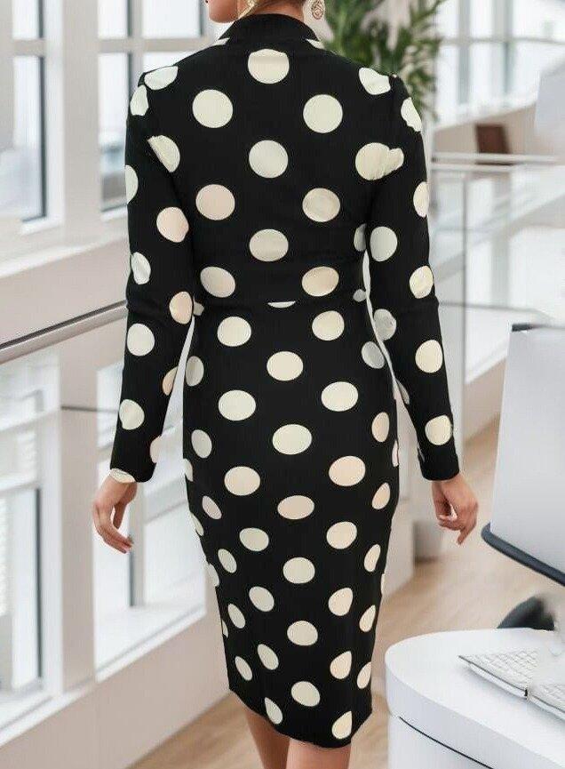 Kadın Uzun Kollu V Yaka Puantiyeli Krep Midi Boy Elbise - 9