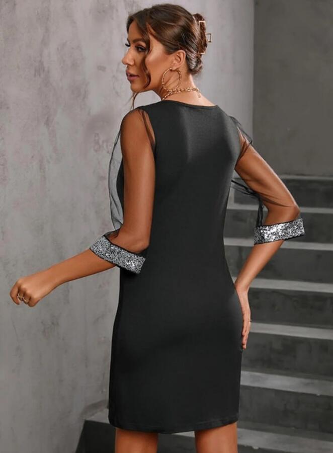 Kadın Uzun Kollu V Yaka Ve Kol Ucu Pul Payet Krep Elbise - 4