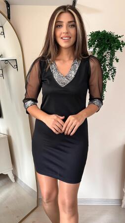 Kadın Uzun Kollu V Yaka Ve Kol Ucu Pul Payet Krep Elbise - 9