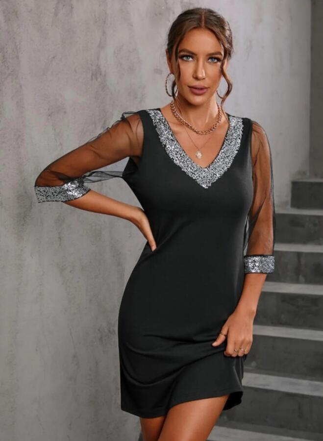 Angelino Kadın Uzun Kollu V Yaka Ve Kol Ucu Pul Payet Krep Elbise - 6