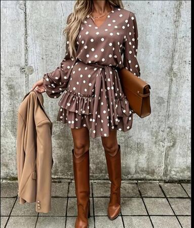 Kadın Uzun Kollu V Yakalı Belden Kuşaklı Puantiyeli Mini Modal Elbise - ANGELINO BuyukBedeniz