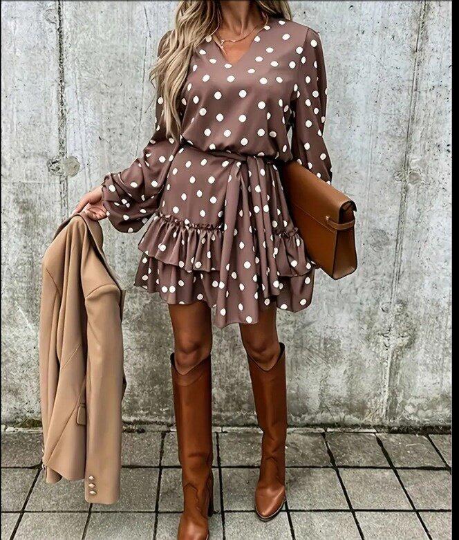 Kadın Uzun Kollu V Yakalı Belden Kuşaklı Puantiyeli Mini Modal Elbise - 1