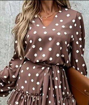 Kadın Uzun Kollu V Yakalı Belden Kuşaklı Puantiyeli Mini Modal Elbise - 2