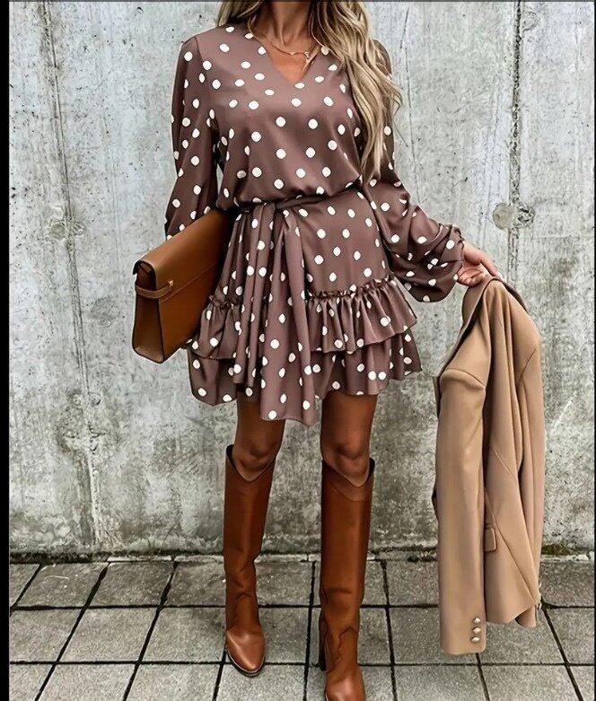 Kadın Uzun Kollu V Yakalı Belden Kuşaklı Puantiyeli Mini Modal Elbise - 4