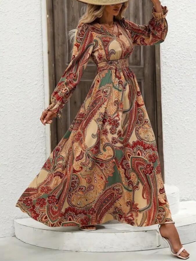 Kadın Uzun Kollu V Yakalı Beli Lastikli Desenli Süprem Elbise - 5