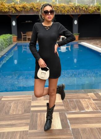 Kadın Uzun Kollu V Yakalı çapraz şerit Detaylı şardonlu Kaşkorse Midi Elbise - 5