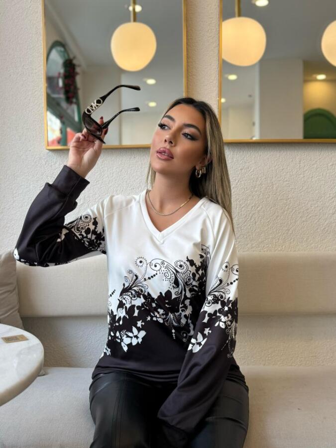 Kadın Uzun Kollu V Yakalı çiçek Baskılı şardonlu Dalgıç Bluz - 1