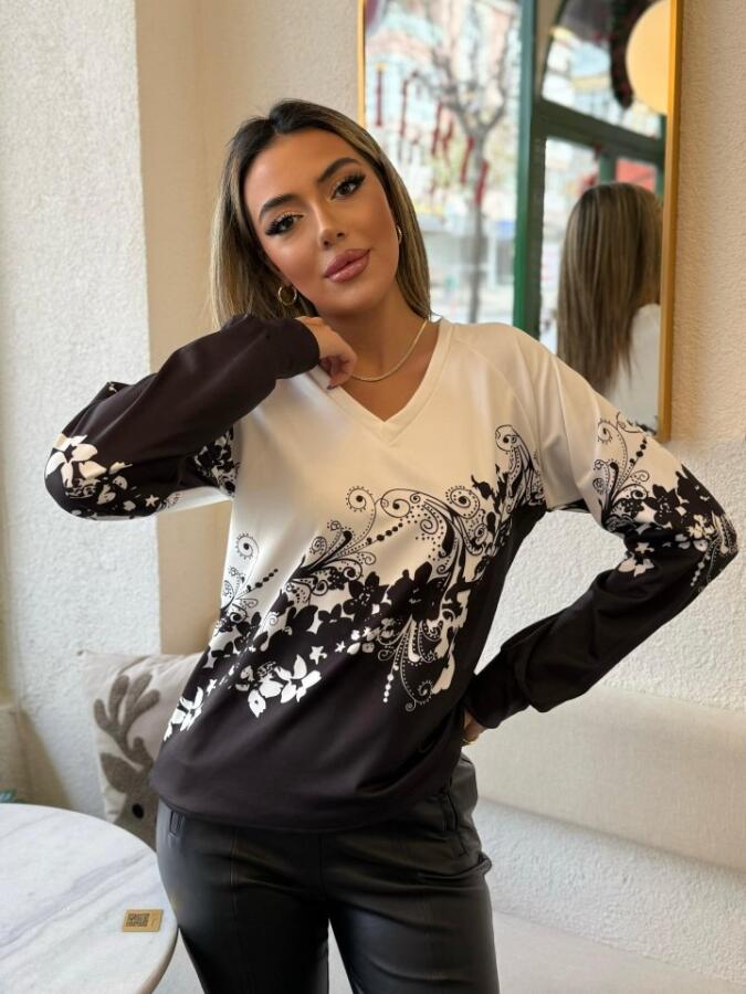 Kadın Uzun Kollu V Yakalı çiçek Baskılı şardonlu Dalgıç Bluz - 3