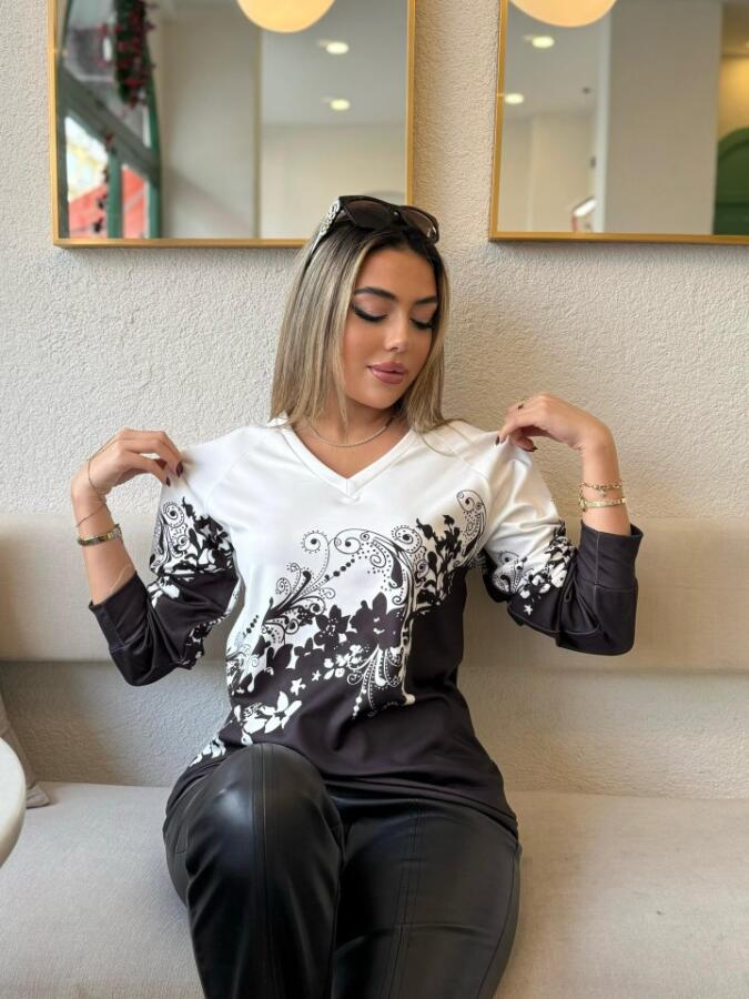 Kadın Uzun Kollu V Yakalı çiçek Baskılı şardonlu Dalgıç Bluz - 5