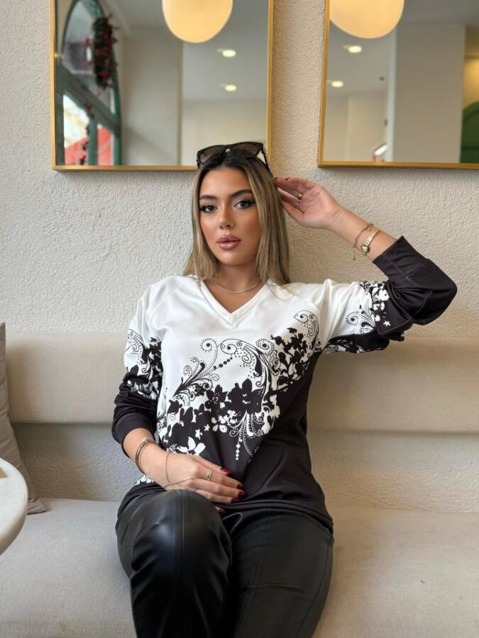 Kadın Uzun Kollu V Yakalı çiçek Baskılı şardonlu Dalgıç Bluz - 6