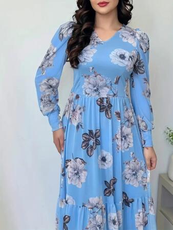 Kadın Uzun Kollu V Yakalı çiçek Desenli Maxi Süprem Elbise - 3