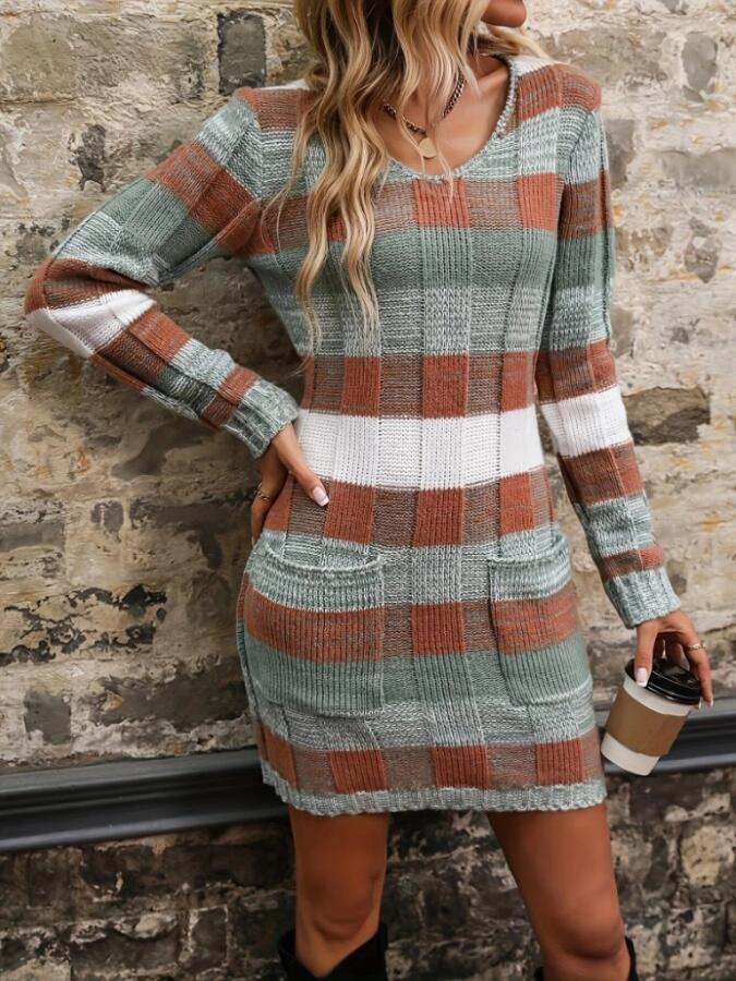 Kadın Uzun Kollu V Yakalı çizgili çok Renkli Triko Mini Elbise - 2