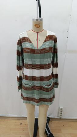 Kadın Uzun Kollu V Yakalı çizgili çok Renkli Triko Mini Elbise - 6