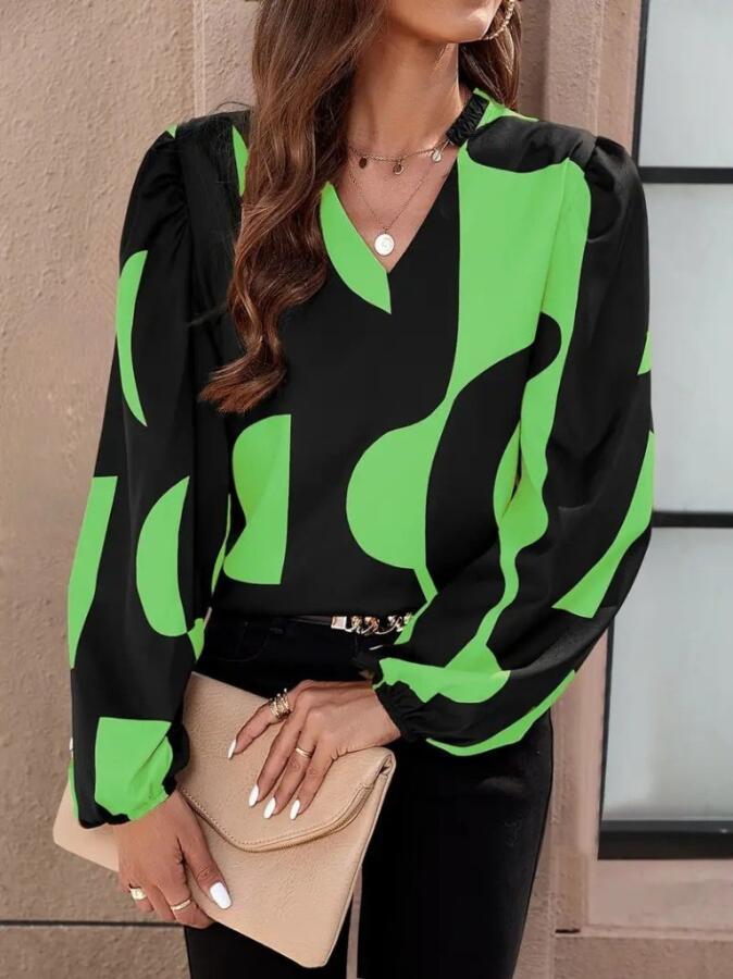 Kadın Uzun Kollu V Yakalı Desenli Modal Bluz - 1