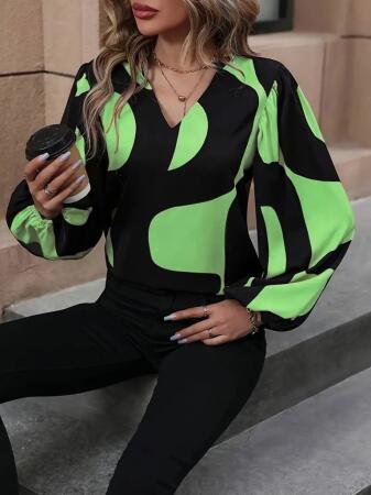 Kadın Uzun Kollu V Yakalı Desenli Modal Bluz - 3