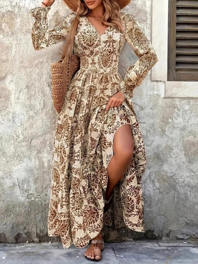 Kadın Uzun Kollu V Yakalı Desenli Süprem Elbise - 1