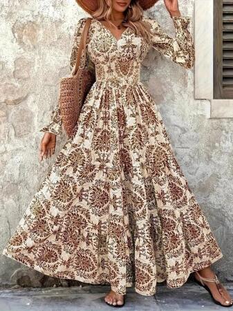 Kadın Uzun Kollu V Yakalı Desenli Süprem Elbise - ANGELINO BuyukBedeniz (1)