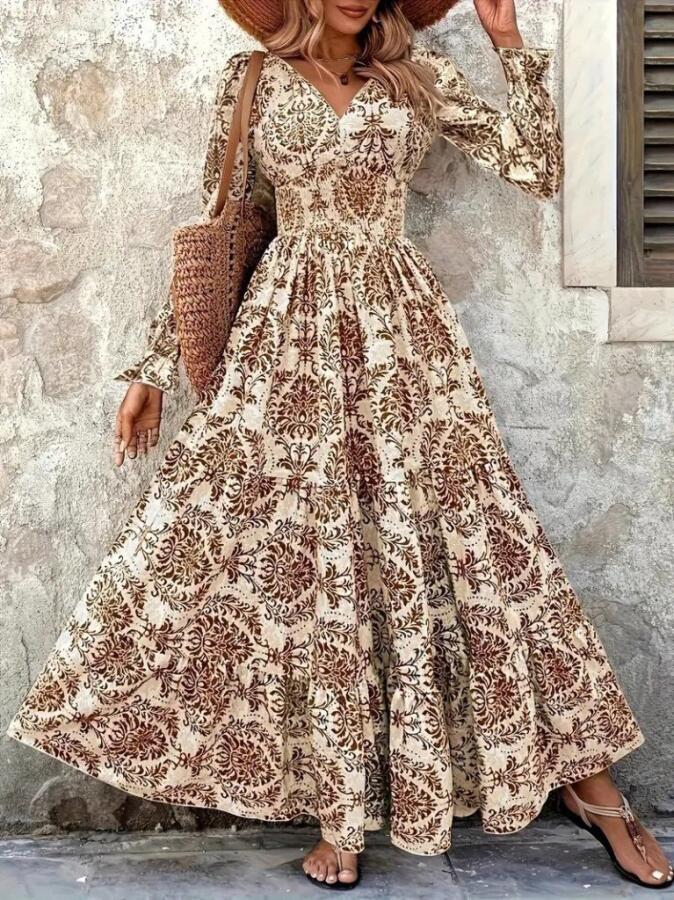 Kadın Uzun Kollu V Yakalı Desenli Süprem Elbise - 2