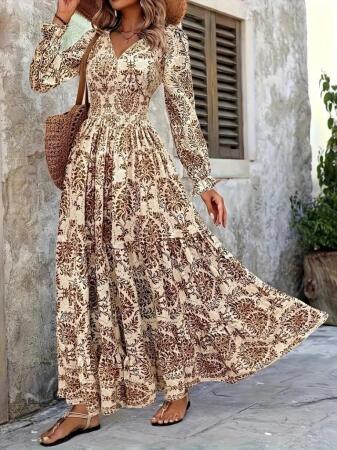 Kadın Uzun Kollu V Yakalı Desenli Süprem Elbise - 3