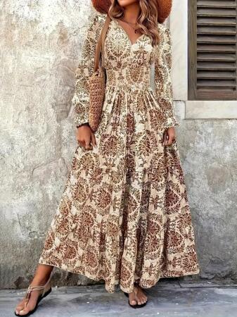 Kadın Uzun Kollu V Yakalı Desenli Süprem Elbise - 4