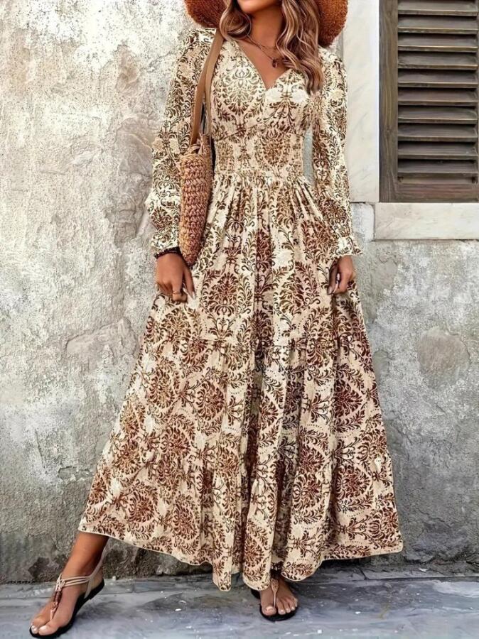 Kadın Uzun Kollu V Yakalı Desenli Süprem Elbise - 4