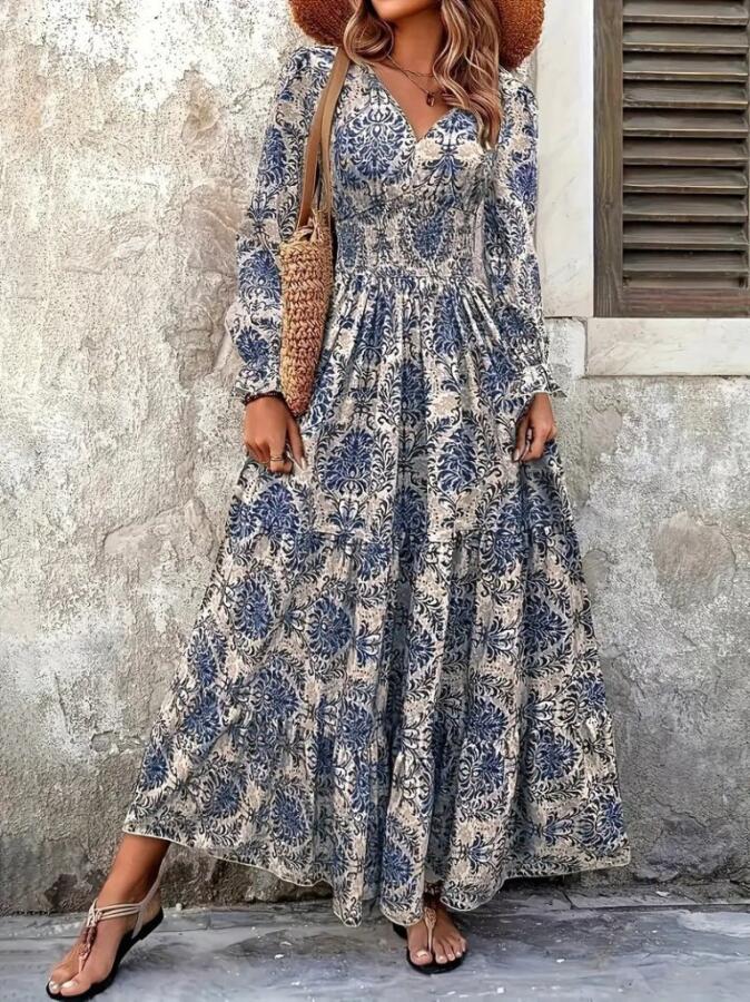 Kadın Uzun Kollu V Yakalı Desenli Süprem Elbise - 2