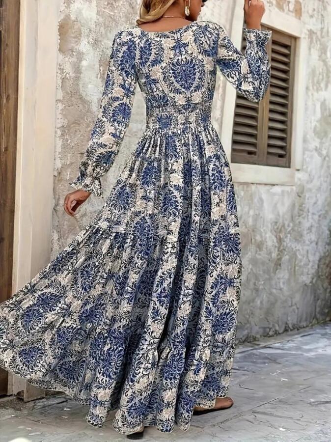 Kadın Uzun Kollu V Yakalı Desenli Süprem Elbise - 3