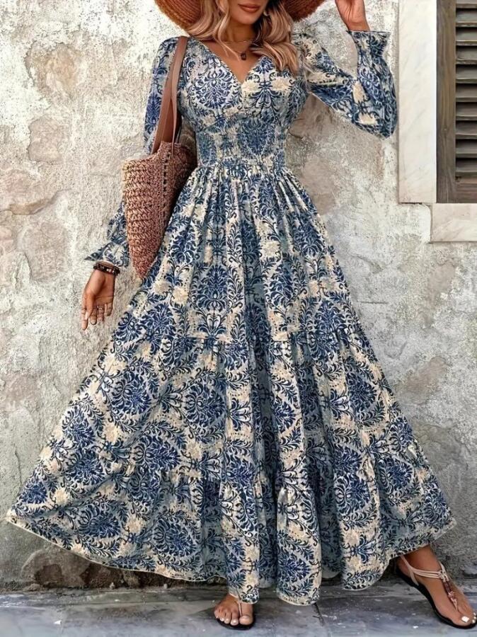 Kadın Uzun Kollu V Yakalı Desenli Süprem Elbise - 4