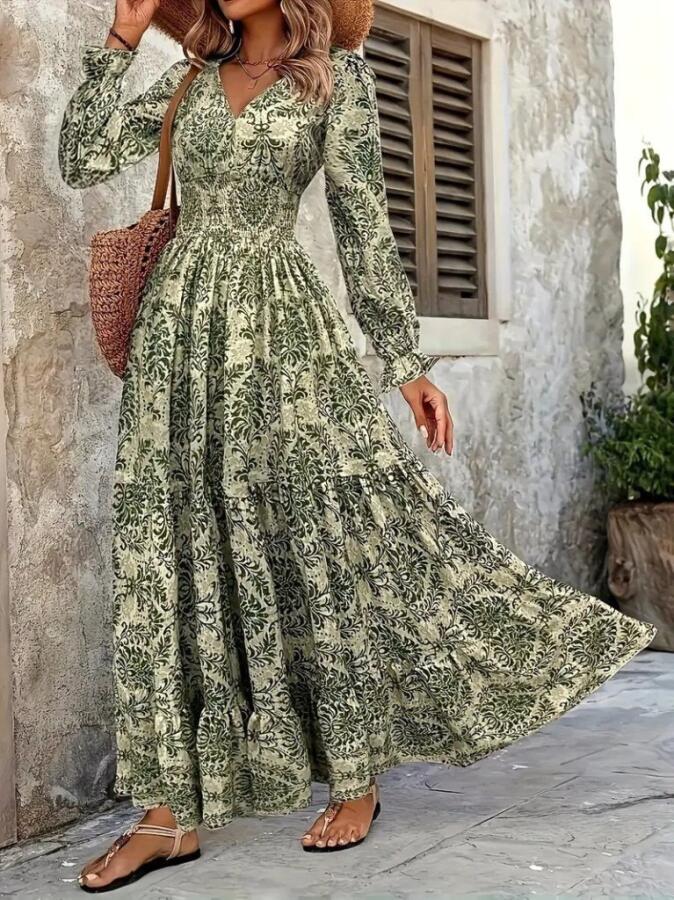 Kadın Uzun Kollu V Yakalı Desenli Süprem Elbise - 2