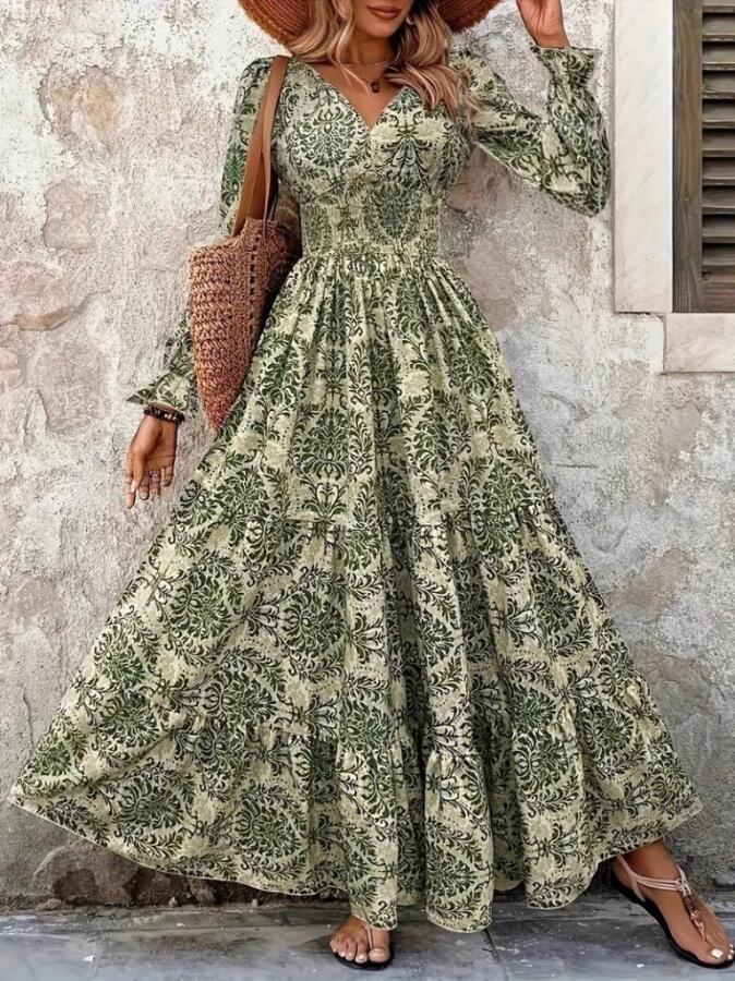 Kadın Uzun Kollu V Yakalı Desenli Süprem Elbise - 3