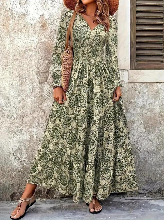 Kadın Uzun Kollu V Yakalı Desenli Süprem Elbise - 4