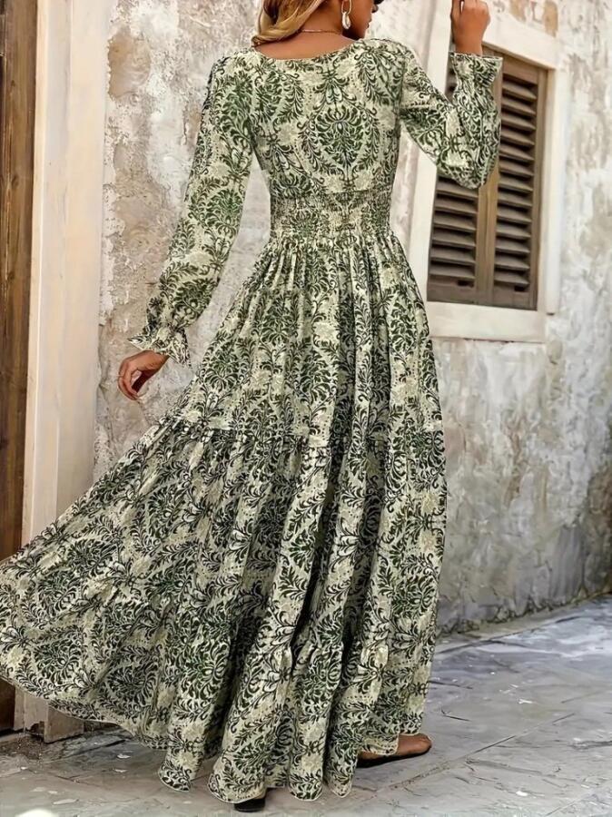 Kadın Uzun Kollu V Yakalı Desenli Süprem Elbise - 5