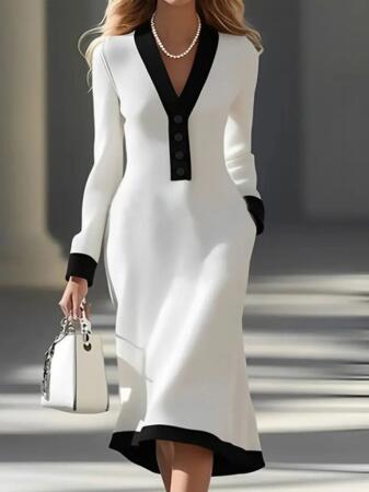 Kadın Uzun Kollu V Yakalı Düğmeli Midi Modal Elbise - ANGELINO BuyukBedeniz