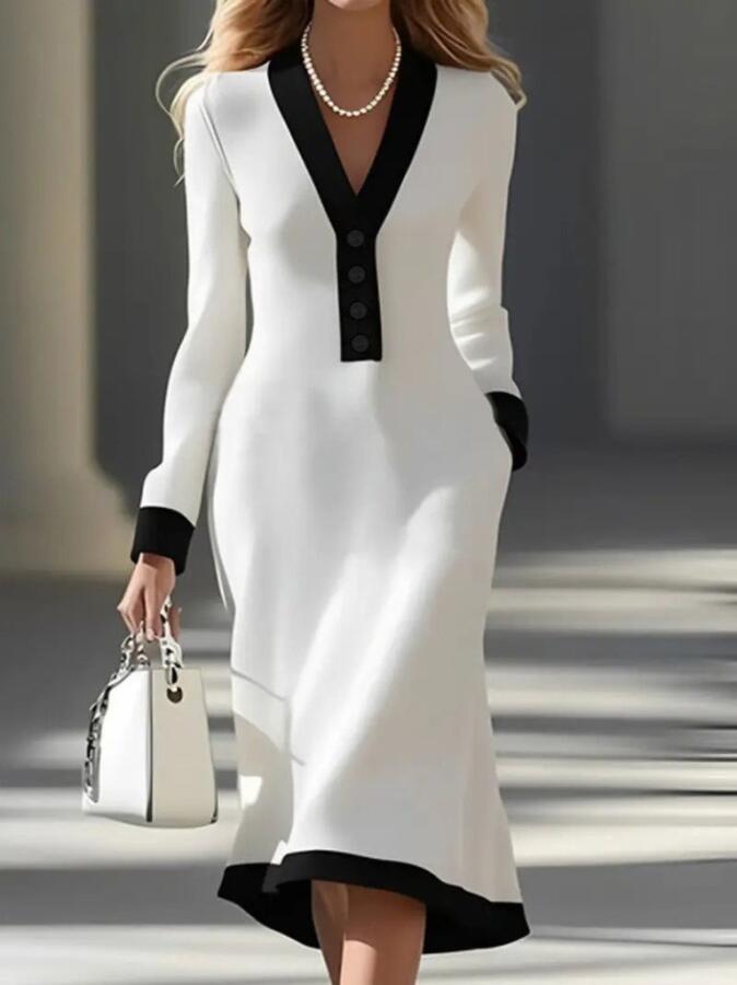 Kadın Uzun Kollu V Yakalı Düğmeli Midi Modal Elbise - 1