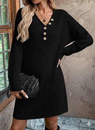 Kadın Uzun Kollu V Yakalı Düğmeli Mini Triko Elbise - ANGELINO BuyukBedeniz