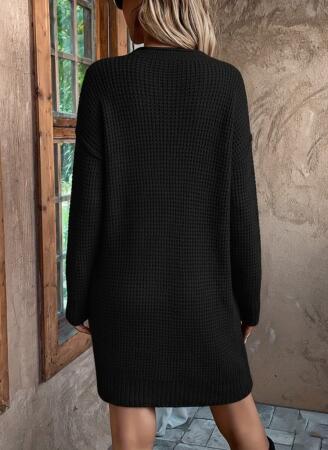 Kadın Uzun Kollu V Yakalı Düğmeli Mini Triko Elbise - ANGELINO BuyukBedeniz (1)