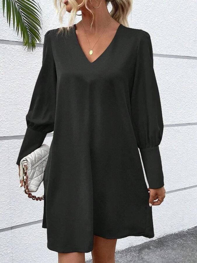 Kadın Uzun Kollu V Yakalı Kısa Ithal Krep Elbise - 7
