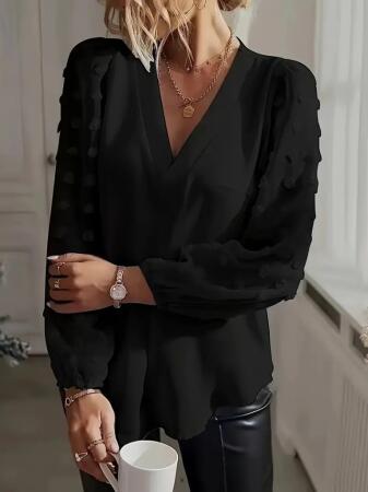 Kadın Uzun Kollu V Yakalı Kolları Popon Detaylı Sandy Bluz - ANGELINO BuyukBedeniz