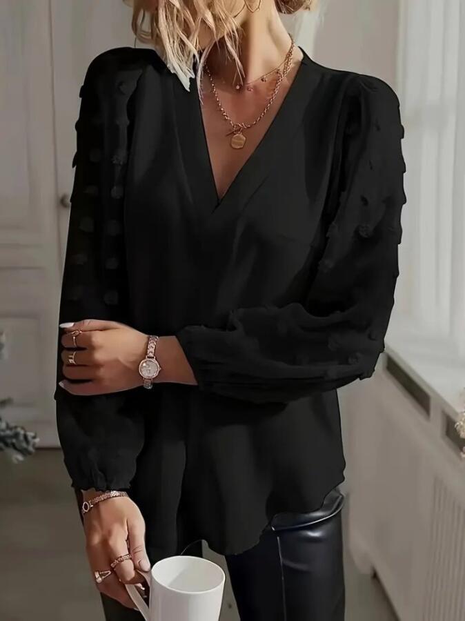 Kadın Uzun Kollu V Yakalı Kolları Popon Detaylı Sandy Bluz - 1
