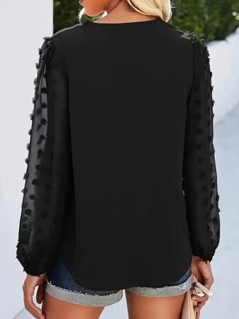 Kadın Uzun Kollu V Yakalı Kolları Popon Detaylı Sandy Bluz - 3