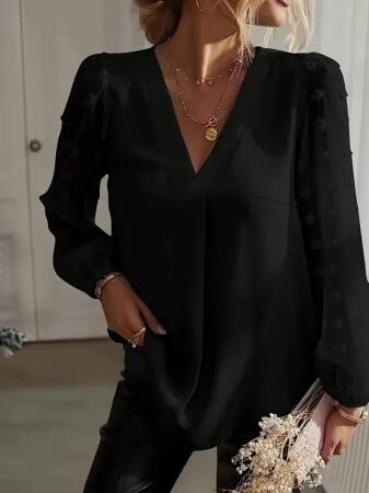 Kadın Uzun Kollu V Yakalı Kolları Popon Detaylı Sandy Bluz - 5