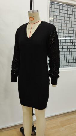 Kadın Uzun Kollu V Yakalı Mini Triko Elbise - 8