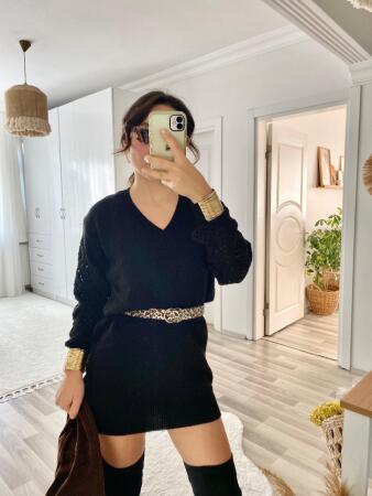 Kadın Uzun Kollu V Yakalı Mini Triko Elbise - 10